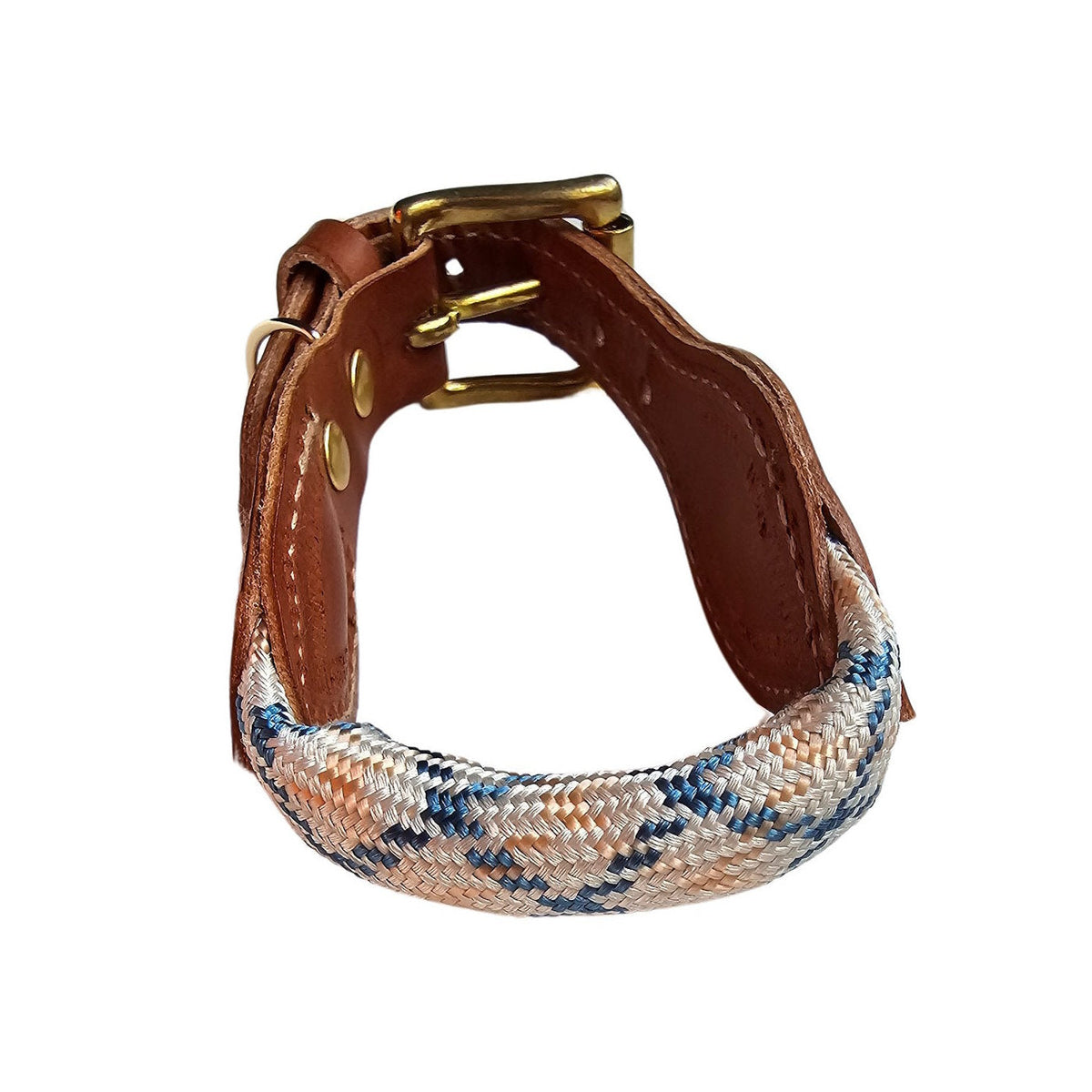Collar de perro en cuero y cuerda en Cobre y Azul. Flechazo