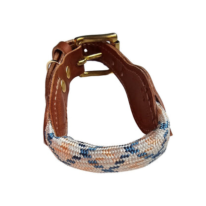 Collar de perro en cuero y cuerda en Cobre y Azul. Flechazo