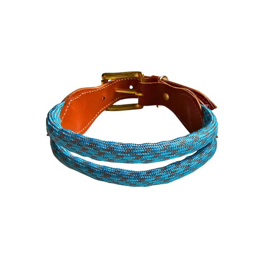 Collar de perro en cuero y cuerda en turquesa y marron. Flechazo